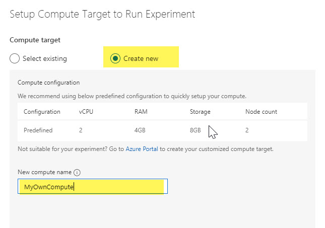 Create compute to run your experiment in Azurel Machine Learning Service Visual interface
