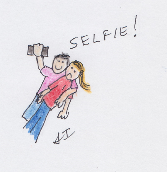 Person looking uncomfortable as someone throws and arm around them and takes a selfie